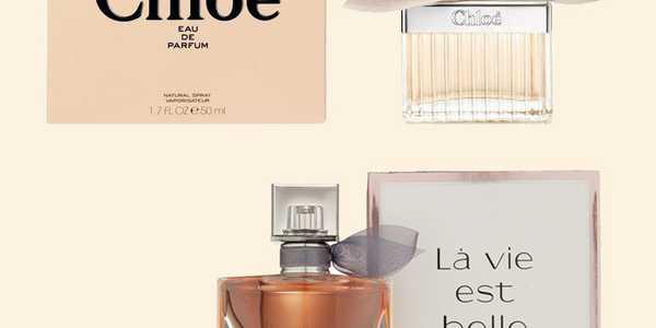 A split image of two women's perfume bottles, Chloe and La Vie Est Belle.